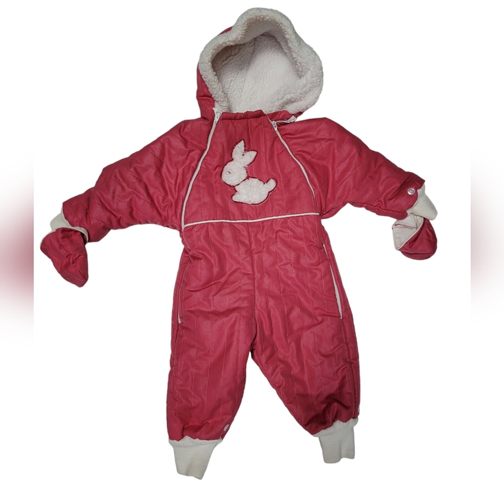 Vintage mauve pink bunny baby girls snow bunting suit with hood and mittens
